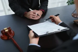 Lawyer reviewing papers with client