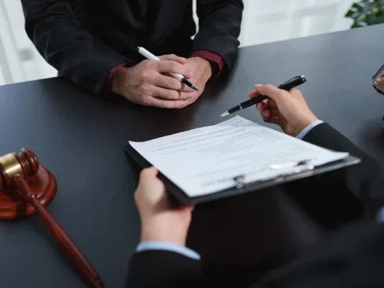 Lawyer reviewing papers with client